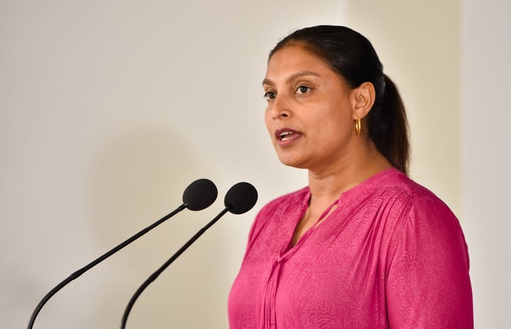 Minister of Education Dr. Aishath Ali speaking the the event held to conclude principal training program on Thursday, March 9, 2023 -- Photo: President's Office