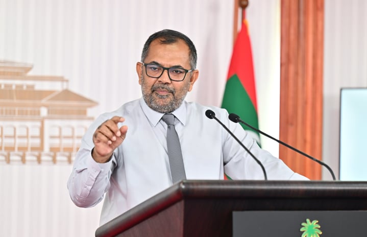 Finance minister Moosa Zameer speaks during the press conference held at President's Office today